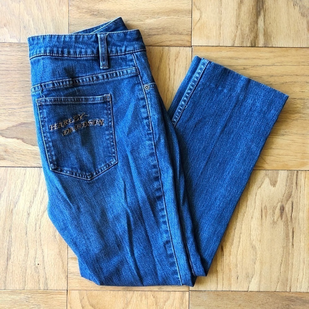 Harley Davidson Women's Size 8 Jeans Wide Leg Cropped Crop Medium Wash Denim